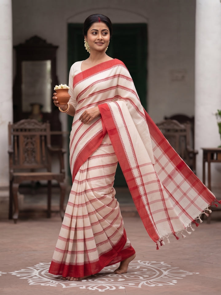 Shwetanjali Stripe Khadi Saree