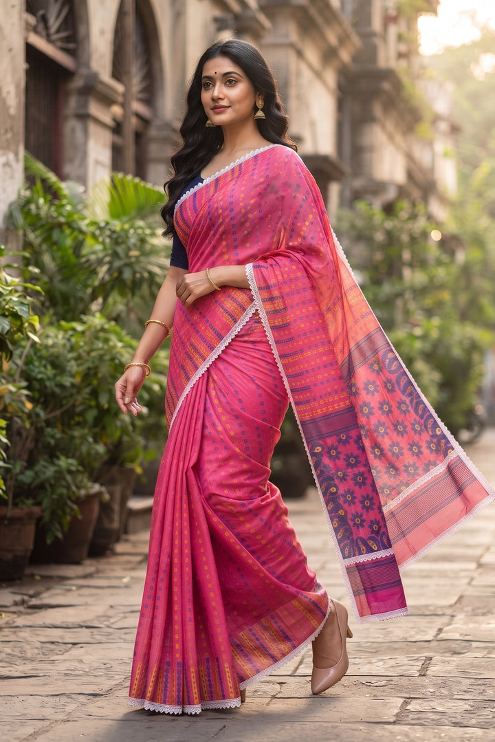 Binodini Bengal Jamdani Saree(Pink Blue)