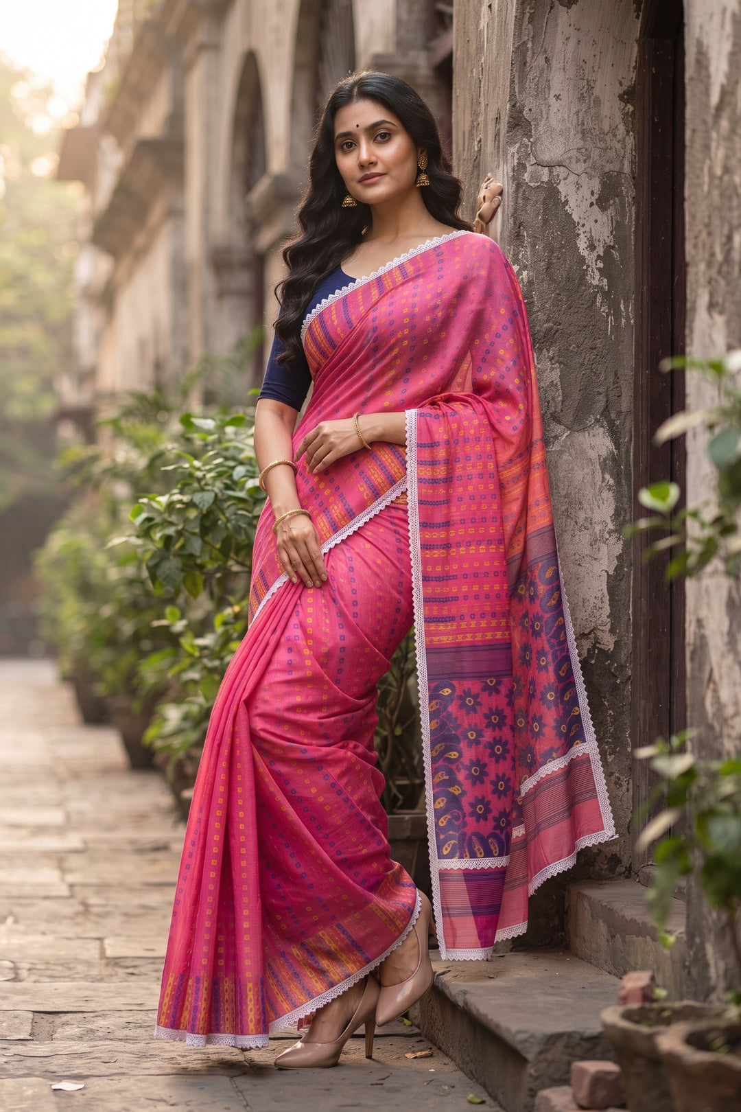 Binodini Bengal Jamdani Saree(Pink Blue)