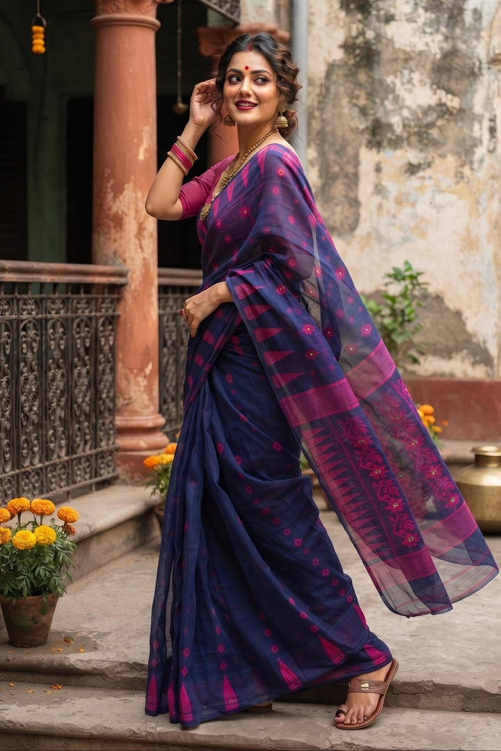 Suranjali Bengal Jamdani Saree (Blue)