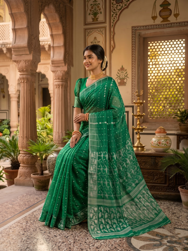 Shatarupa Bengal Jamdani Saree (Forest Green)