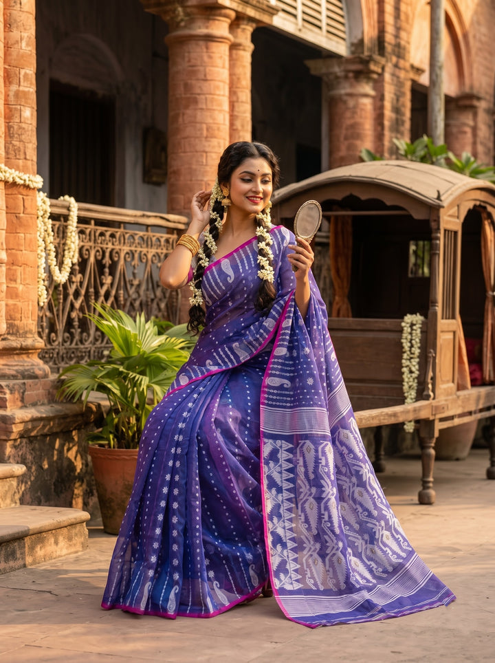 Moner Alo-Bengal Jamdani Saree (Purple, Pink Border)