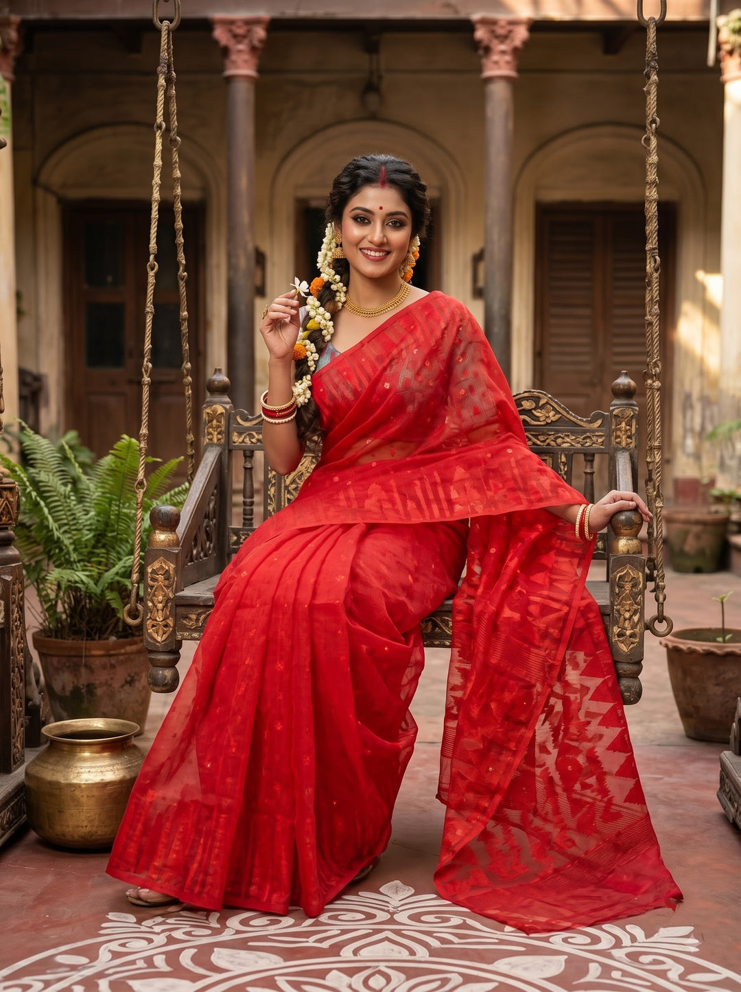Moner Alo-Bengal Jamdani Saree (Bright Red)