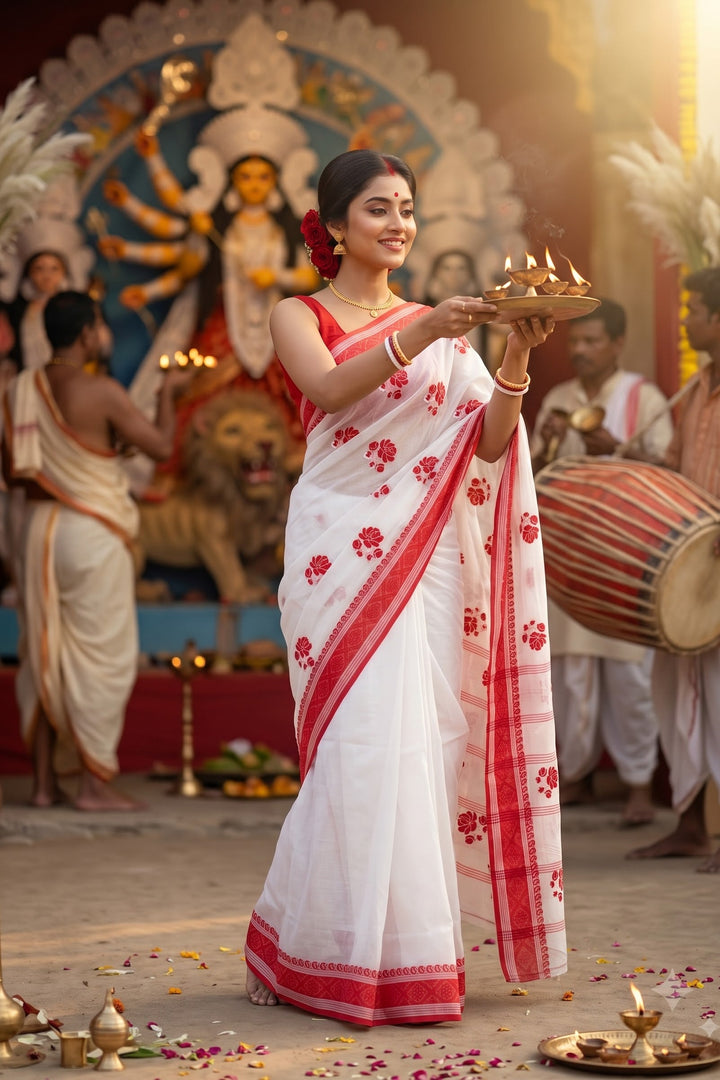 Ashtami Tangail Tant Cotton Saree (Rose Embroidery)