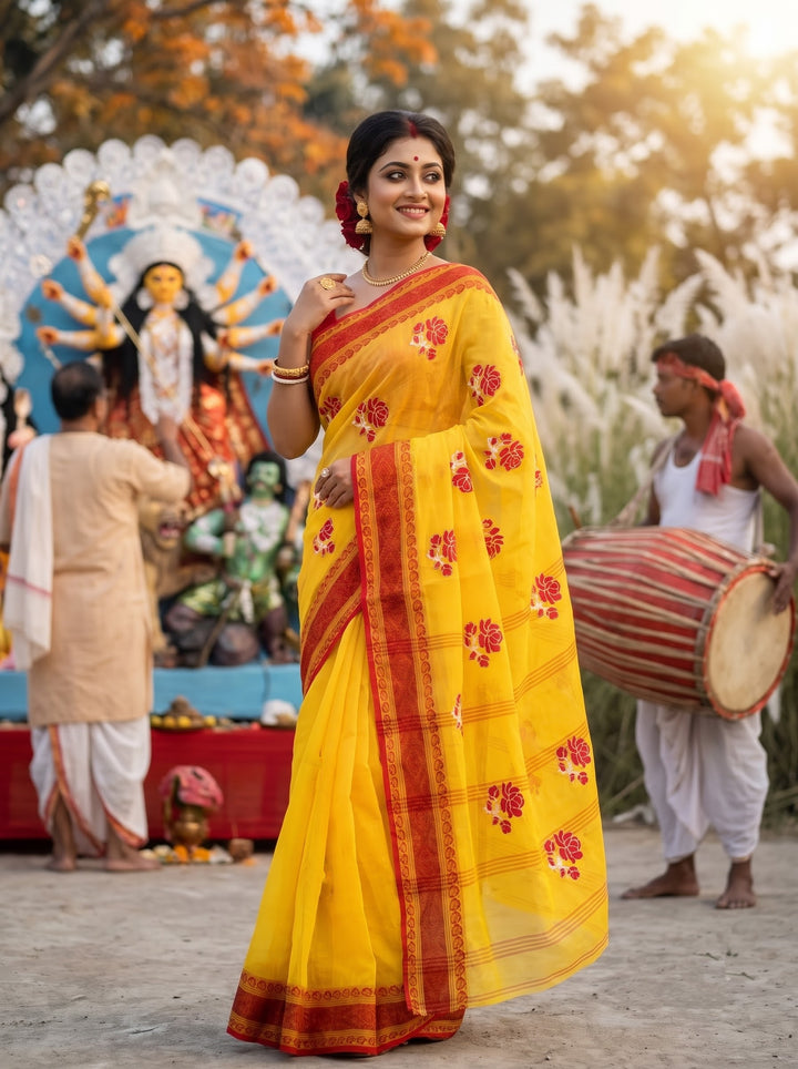 Ashtami Tangail Tant Cotton Saree (Rose Embroidery)