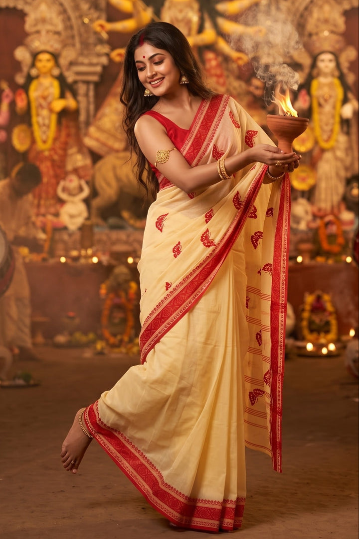 Ashtami Tangail Tant Cotton Saree(Butterfly Embroidery)