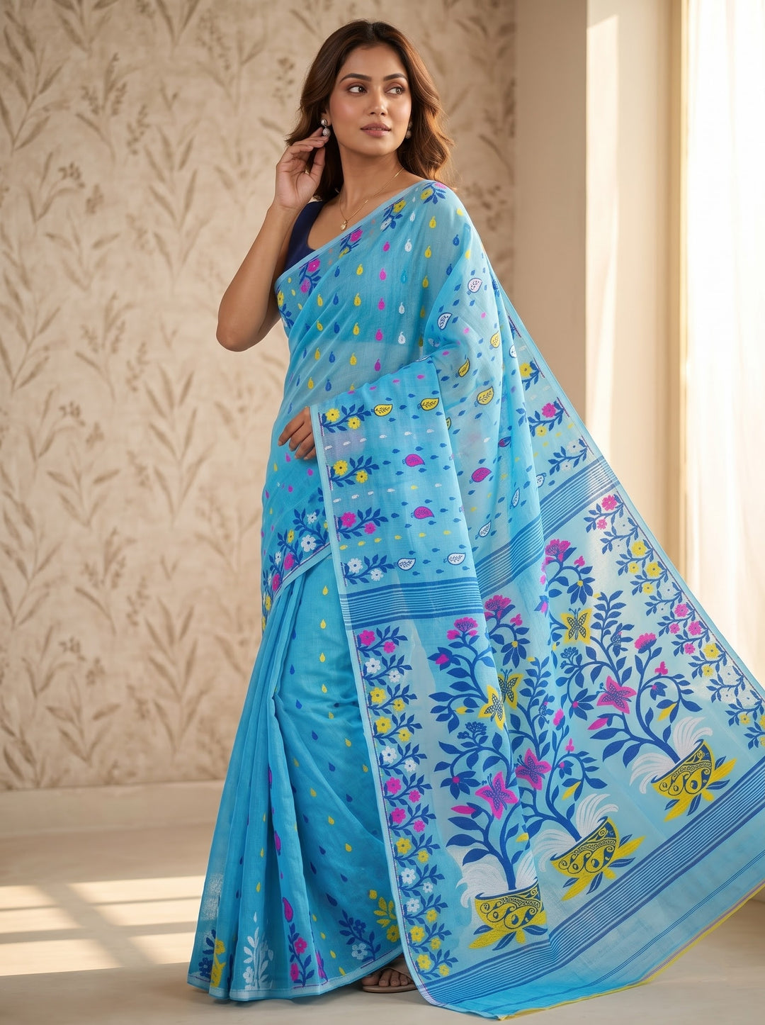 Fuldani Gap Dhakai Jamdani Saree(sky Blue)