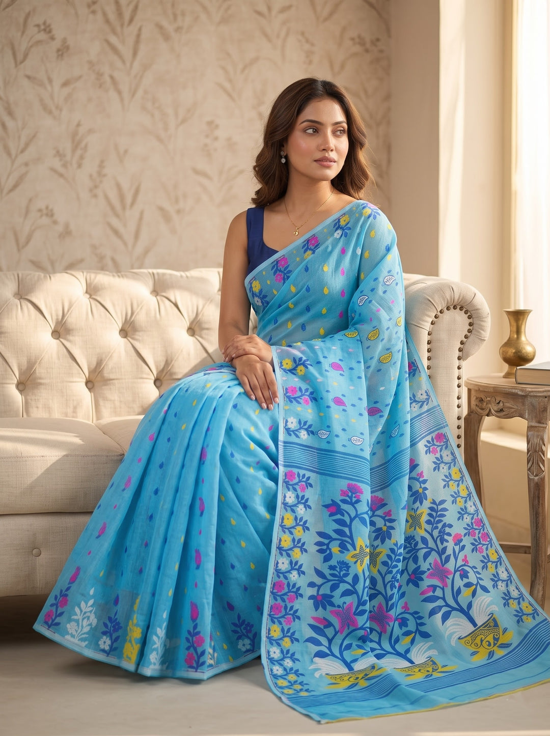 Fuldani Gap Dhakai Jamdani Saree(sky Blue)