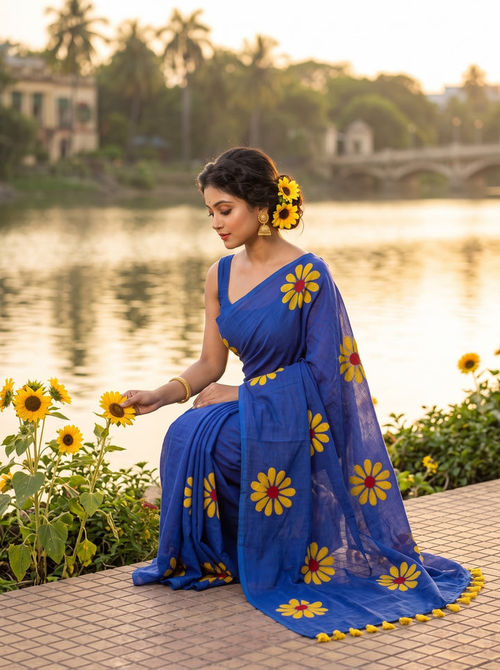 Cheerful Sunflower - Pure Khadi Cotton Saree