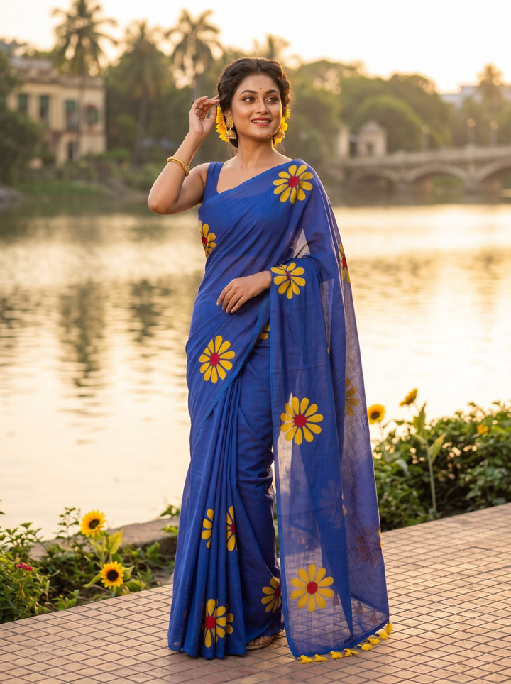 Cheerful Sunflower - Pure Khadi Cotton Saree