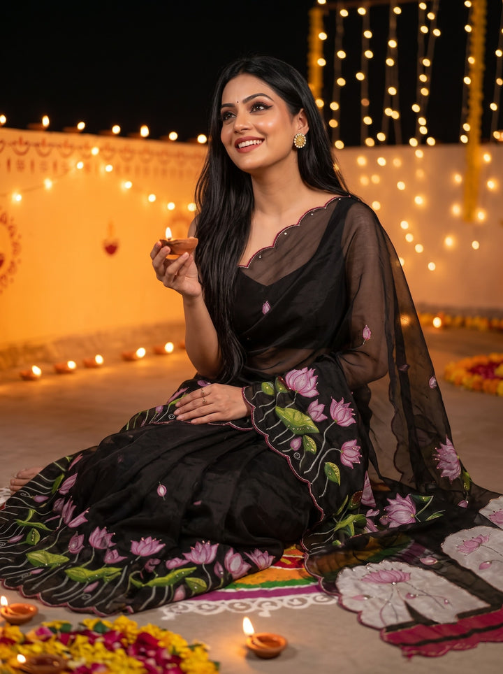 Midnight Spark– Digital Floral Print Katdana Saree