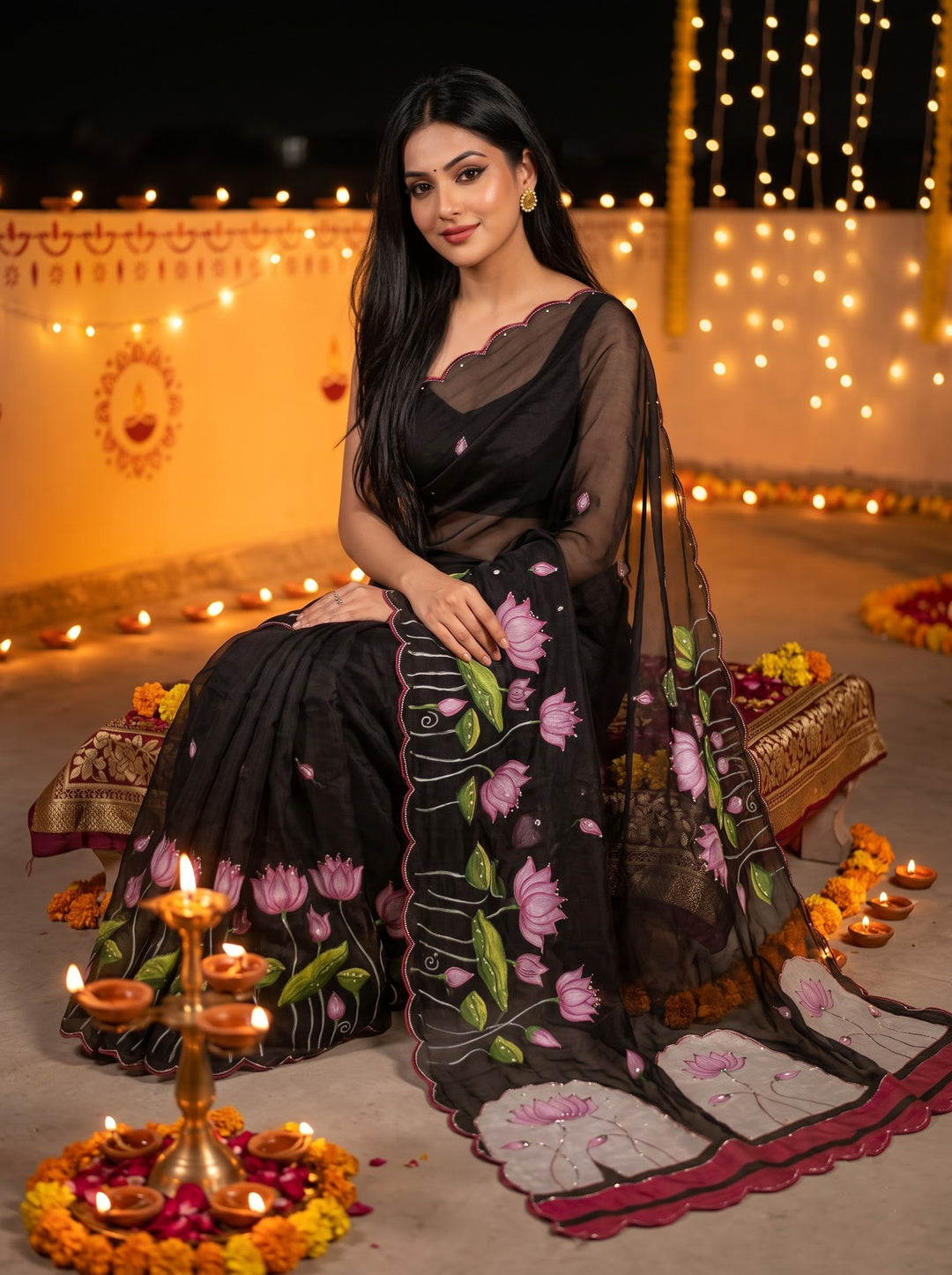 Midnight Spark– Digital Floral Print Katdana Saree