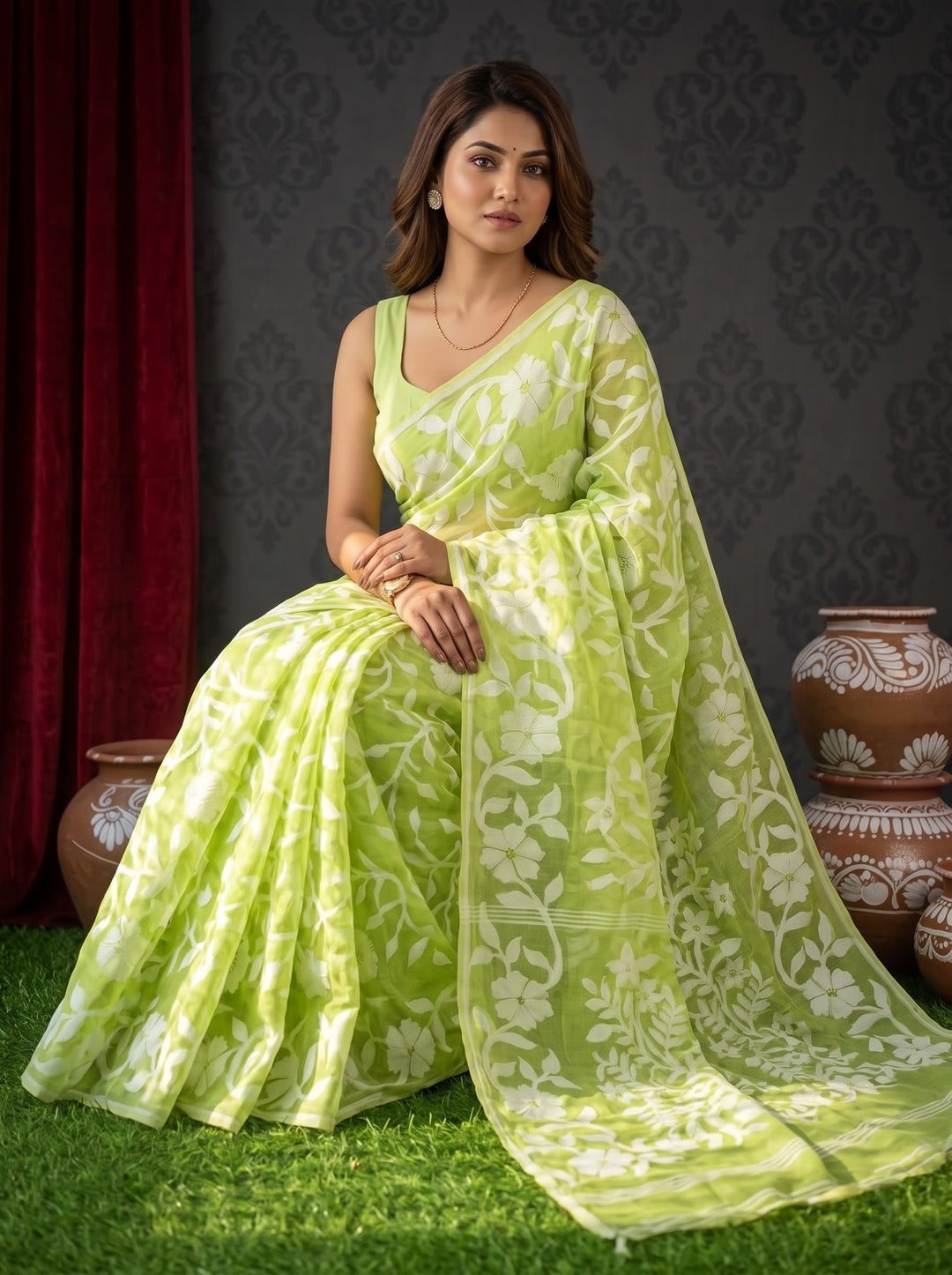Pushpalata- Flowering Vines Cotton Jamdani Saree