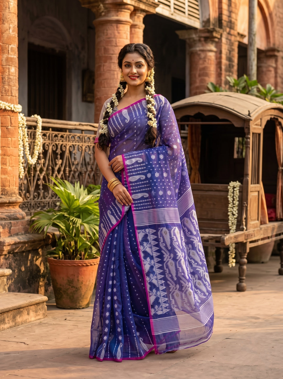 Moner Alo-Bengal Jamdani Saree (Purple, Pink Border)
