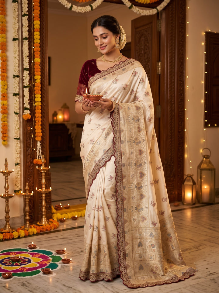 Apsara minakari  Satin silk Saree with Scallop Border