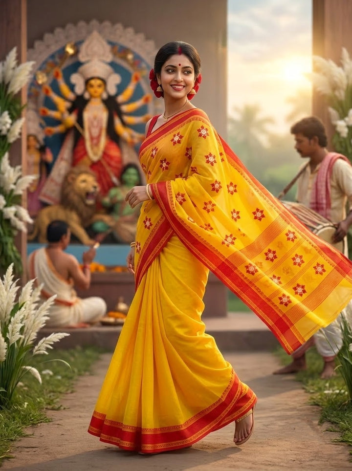 Ashtami Tangail Tant Cotton Saree (Snow flakes Embroidery)