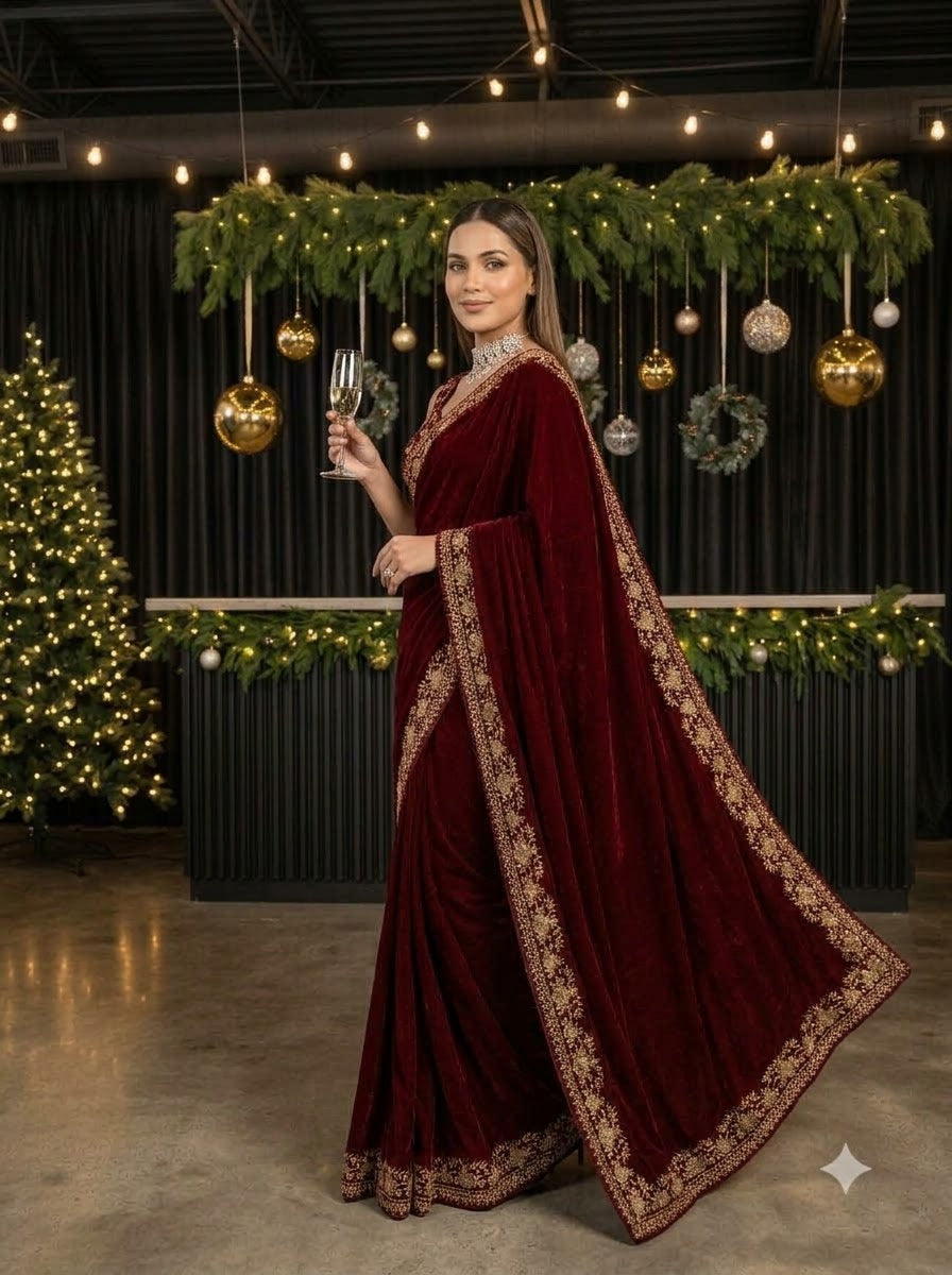 Silence of Luxury Viscose Velvet Sequin Embroidered Saree