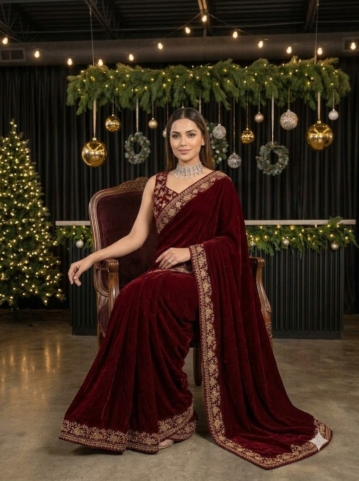 Silence of Luxury Viscose Velvet Sequin Embroidered Saree
