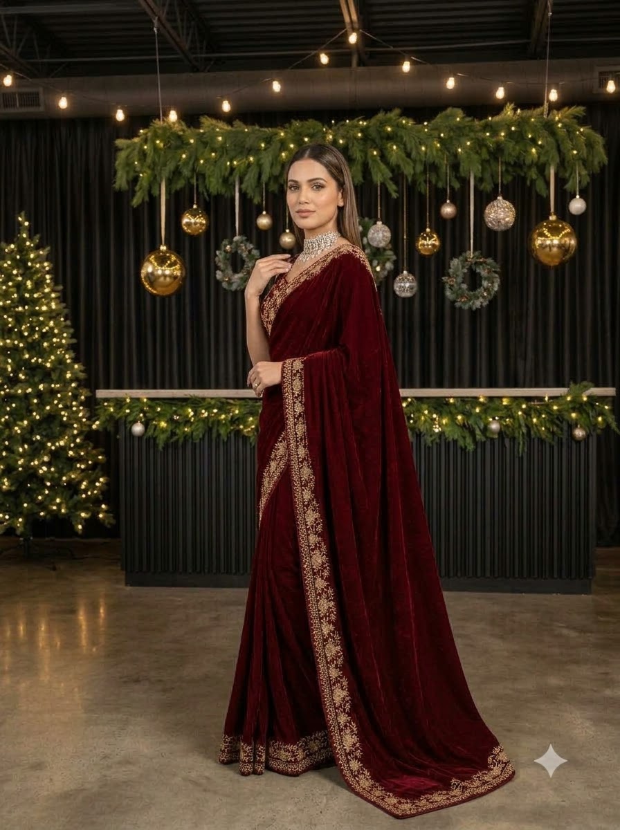 Silence of Luxury Viscose Velvet Sequin Embroidered Saree