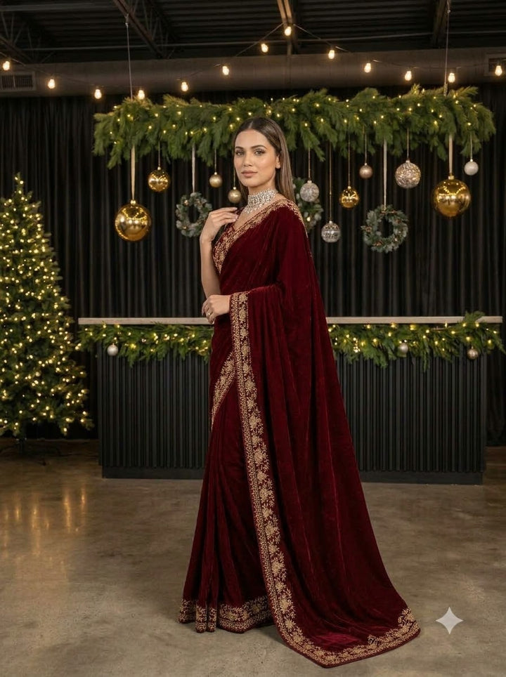 Silence of Luxury Viscose Velvet Sequin Embroidered Saree