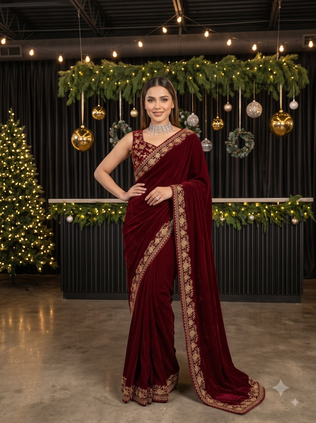 Silence of Luxury Viscose Velvet Sequin Embroidered Saree