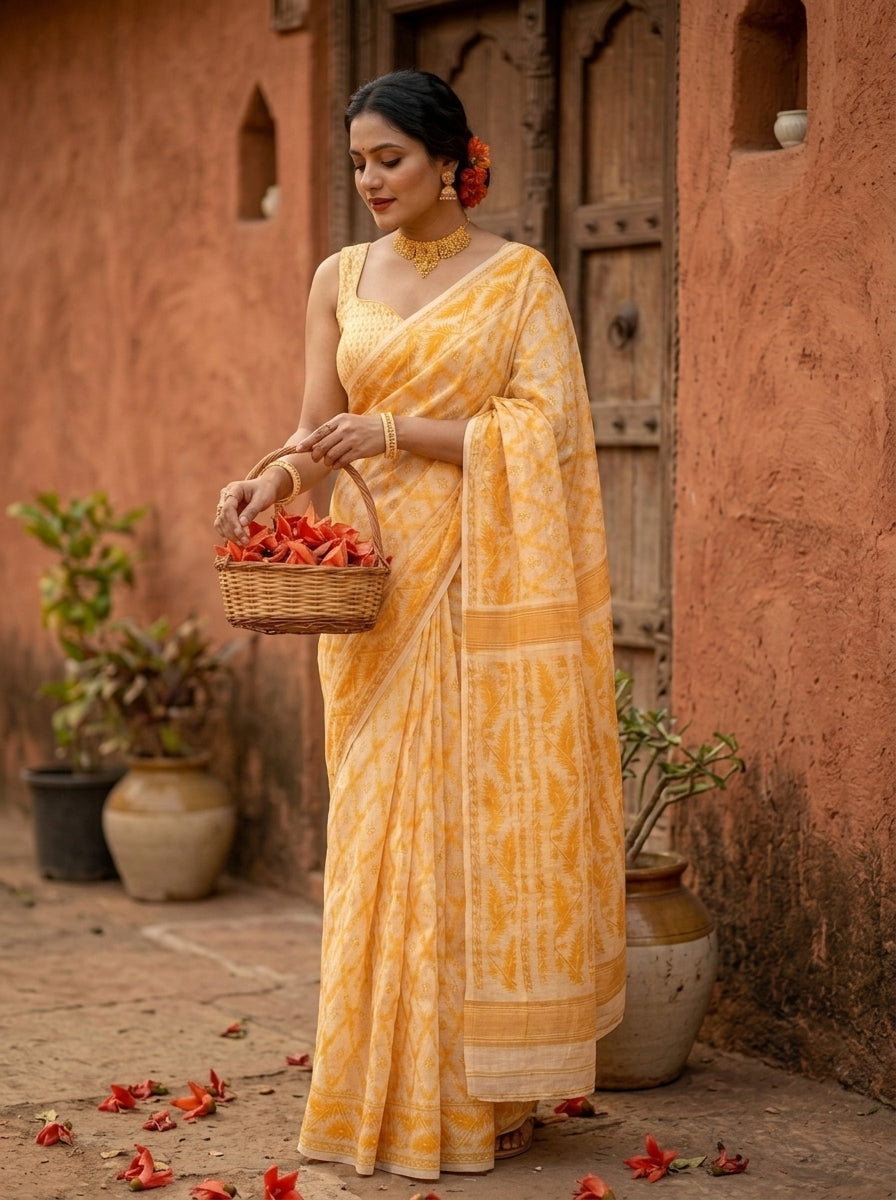 Neel Komol ( নীল কমল )Bengal Jamdani Saree (Yellow)