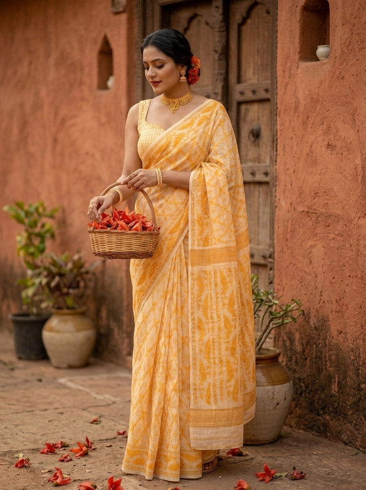 Neel Komol ( নীল কমল )Bengal Jamdani Saree (Yellow)