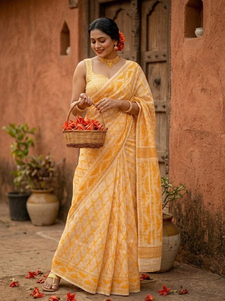 Neel Komol ( নীল কমল )Bengal Jamdani Saree (Yellow)