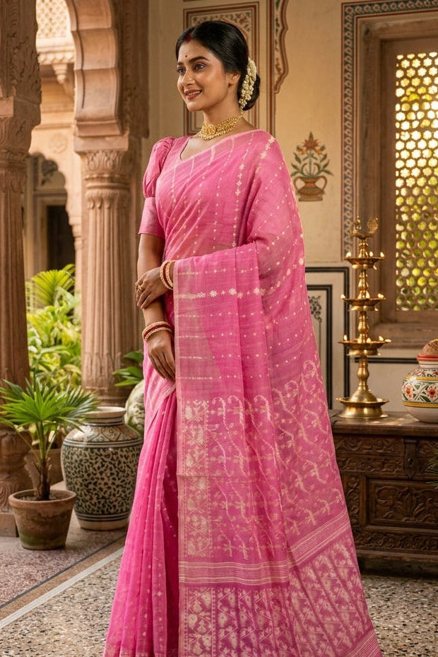 Shatarupa Bengal Jamdani Saree (Pink)
