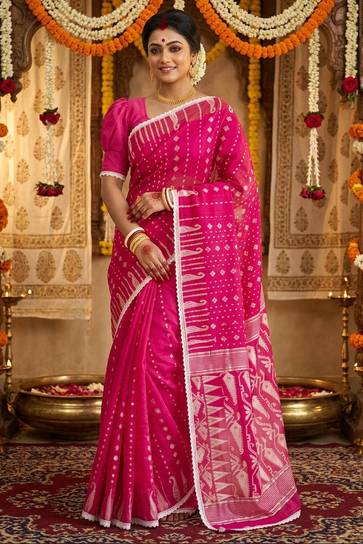 Binodini Bengal Jamdani Saree (Pink White)