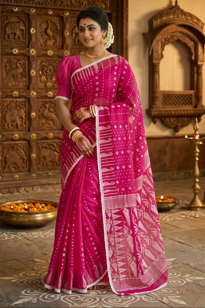 Binodini Bengal Jamdani Saree (Pink White)