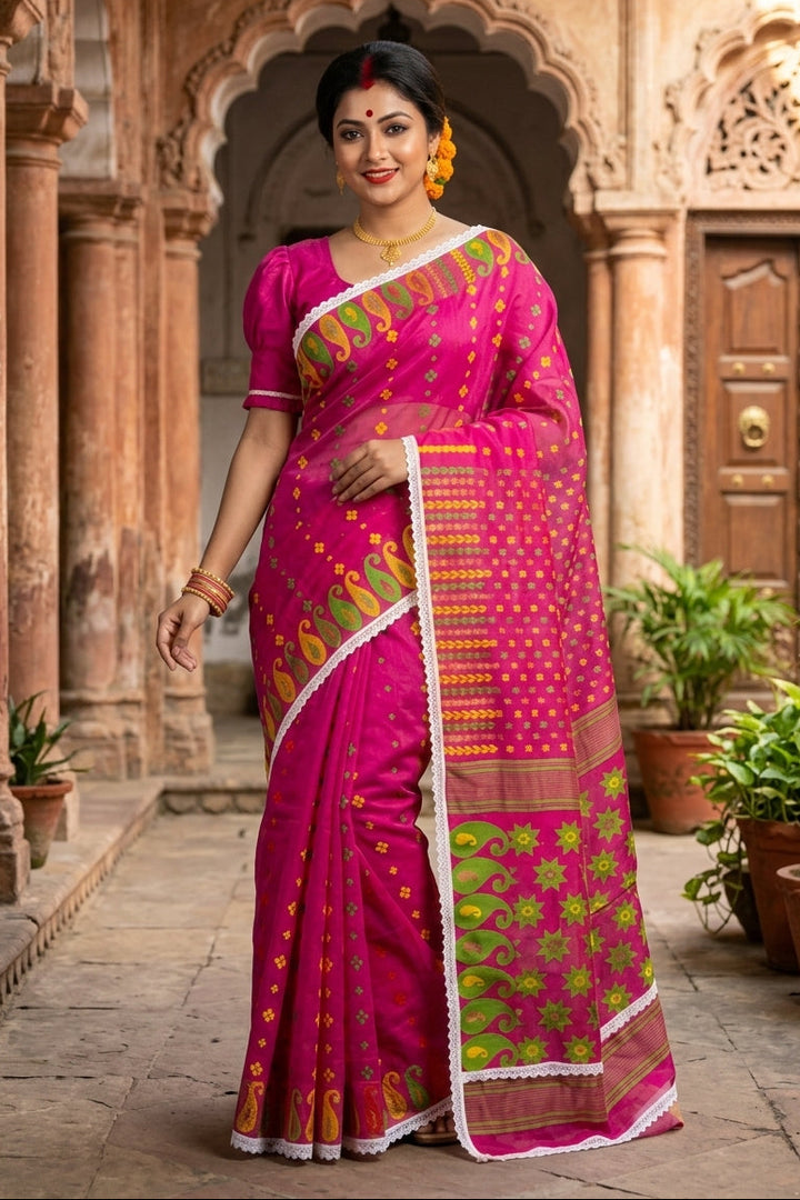 Binodini Bengal Jamdani Saree (Pink Green Saree)