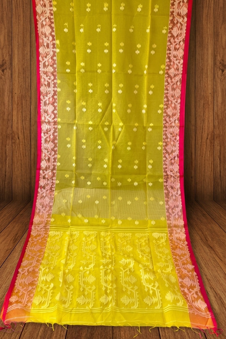 Hiyar Majhe Muslin Cotton Saree (Yellow Saree Red Border)