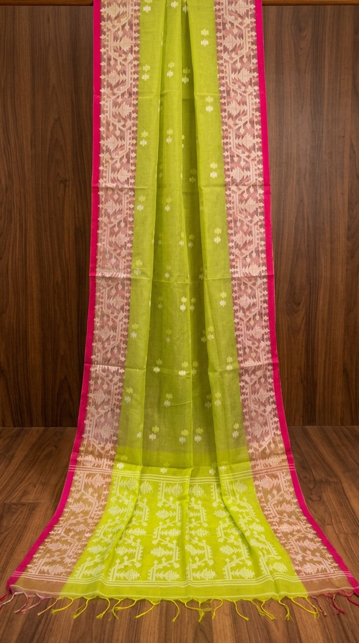Hiyar Majhe Muslin Cotton Saree (Light Green Saree Pink Border)