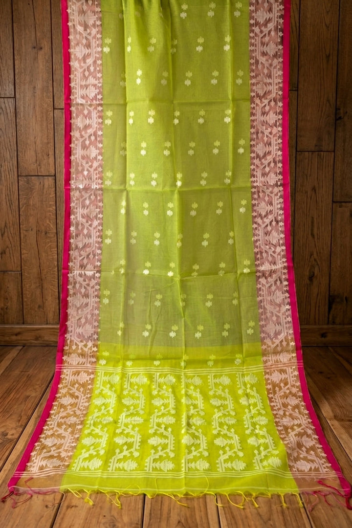 Hiyar Majhe Muslin Cotton Saree (Light Green Saree Pink Border)
