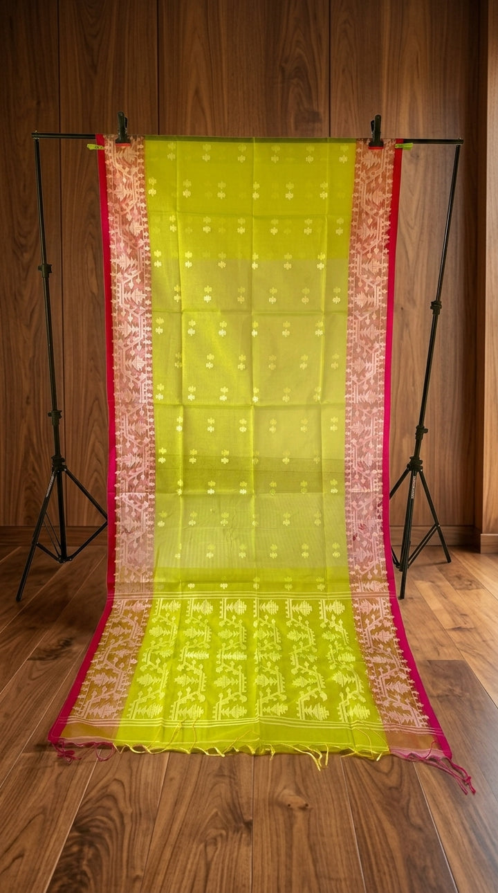 Hiyar Majhe Muslin Cotton Saree (Light Green Saree Red Border)