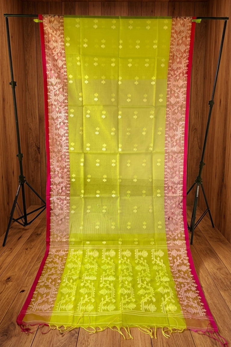 Hiyar Majhe Muslin Cotton Saree (Light Green Saree Red Border)