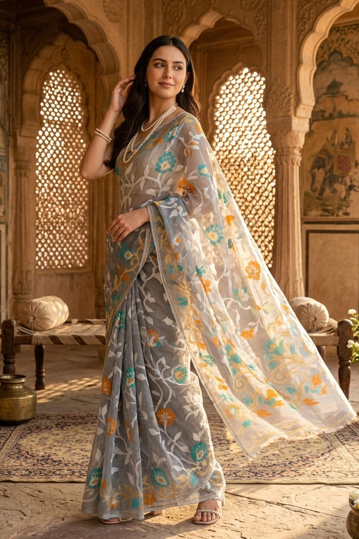 Neel Megh Dhakai Jamdani Saree