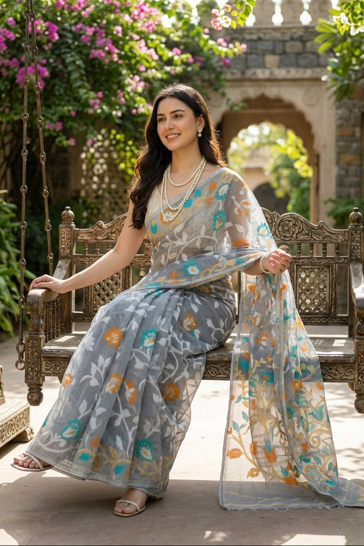 Neel Megh Dhakai Jamdani Saree
