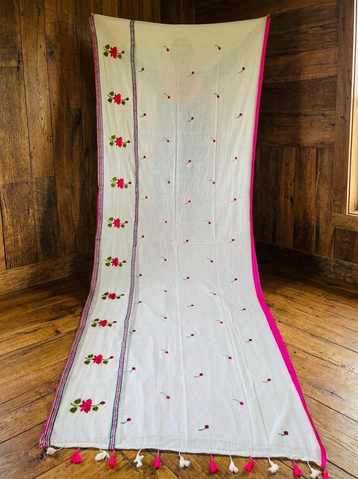 Lotus Girl Embroidery Mul Cotton Saree