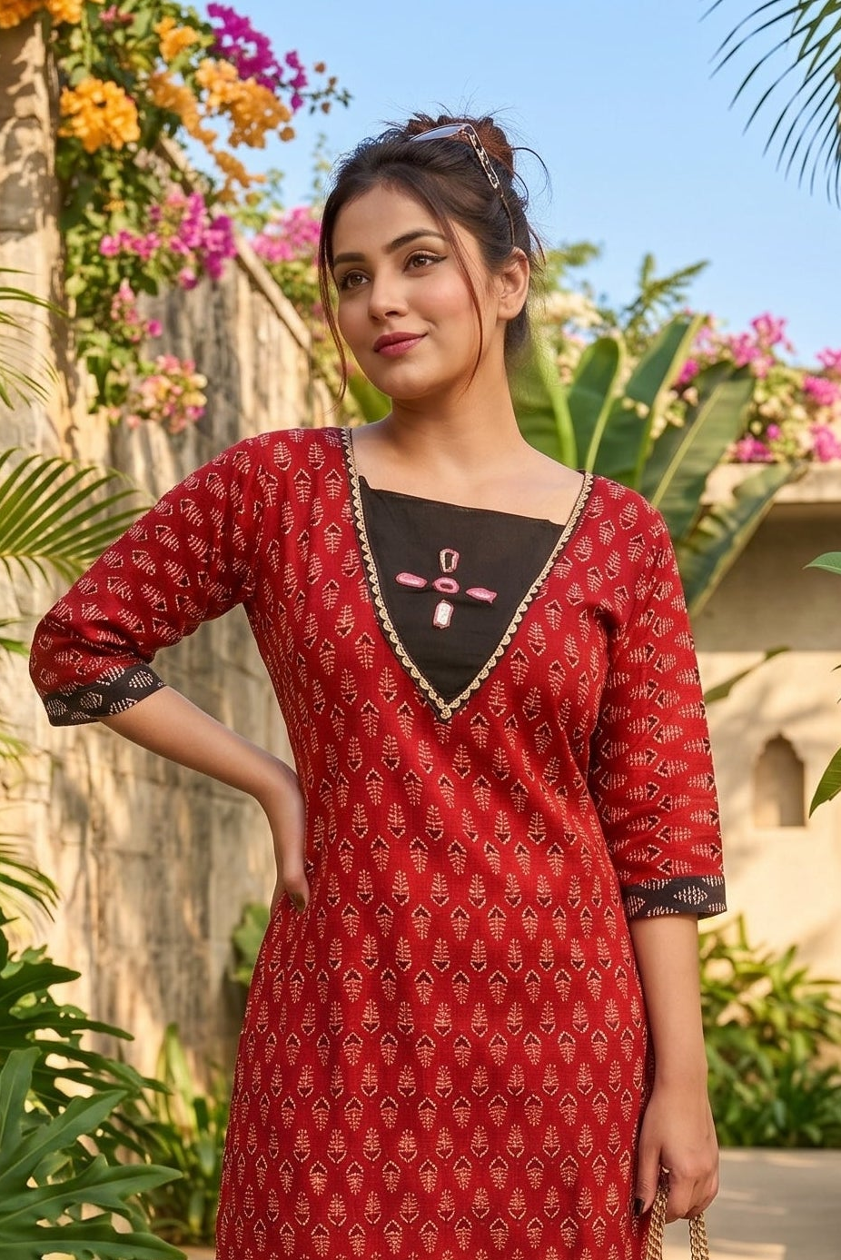 College-Going Vibe Kurti Set (Leaf Motifs)