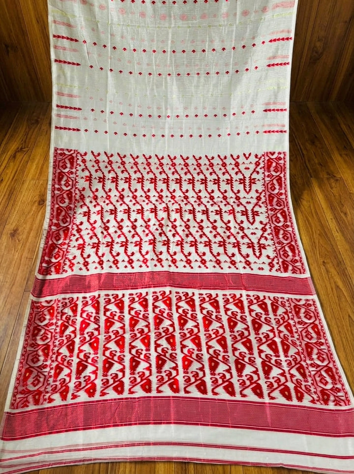 Shatarupa Bengal Jamdani Saree (White And Red)