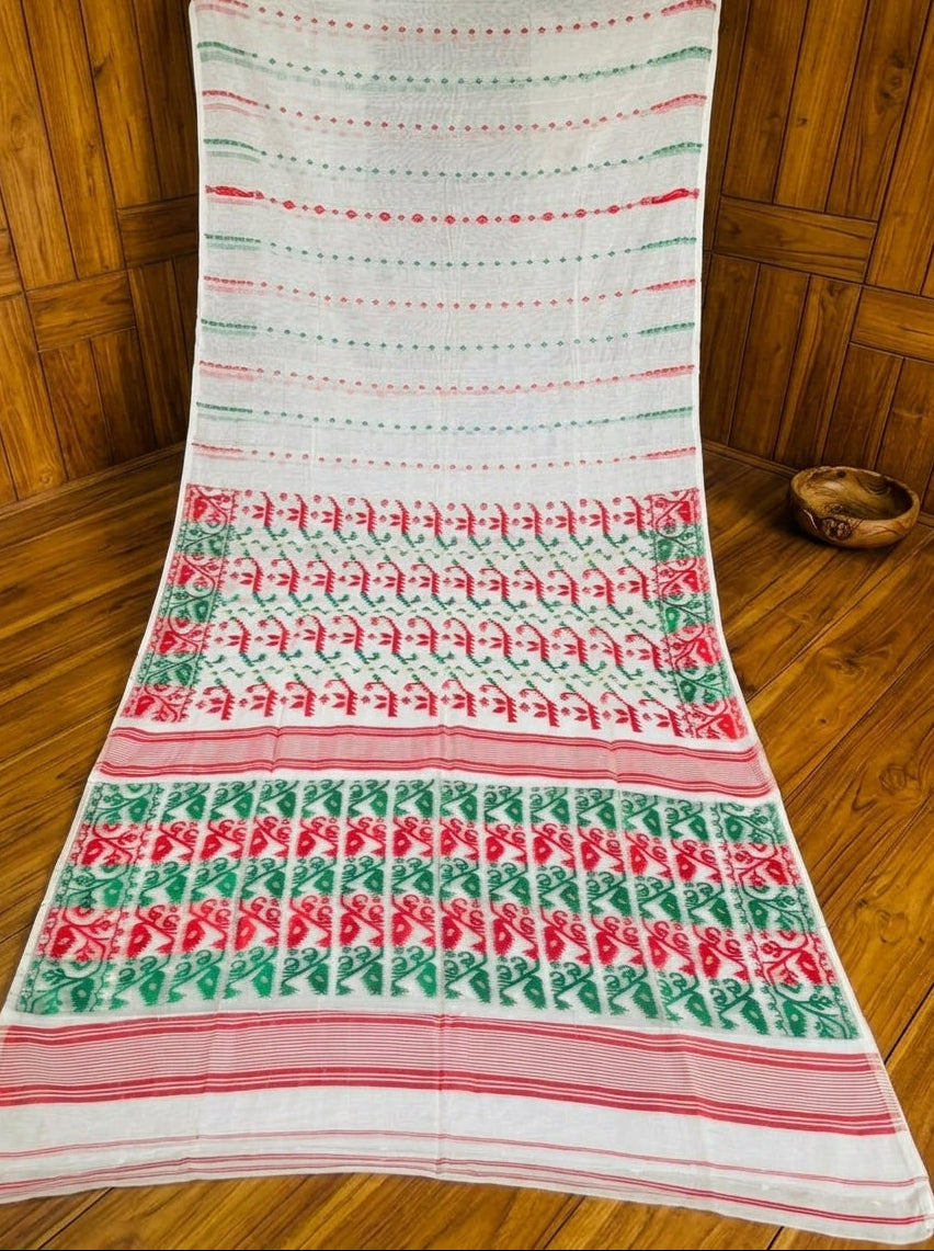 Shatarupa Bengal Jamdani Saree ( White Red Greeen)