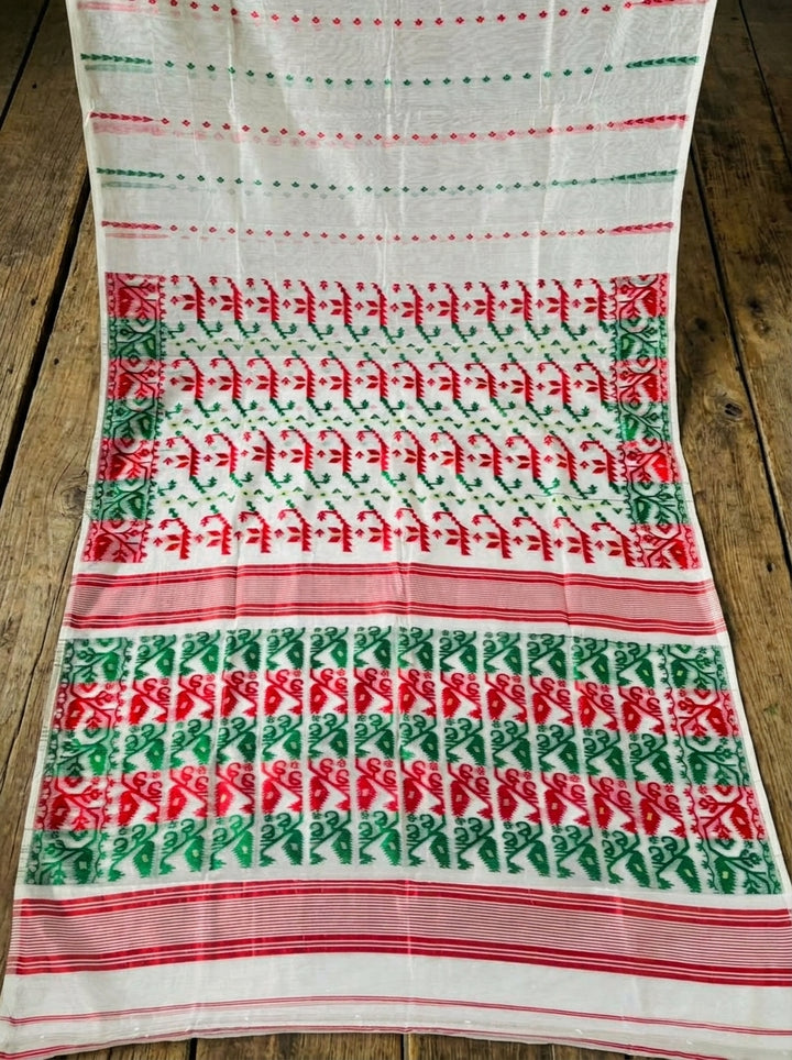 Shatarupa Bengal Jamdani Saree ( White Red Greeen)