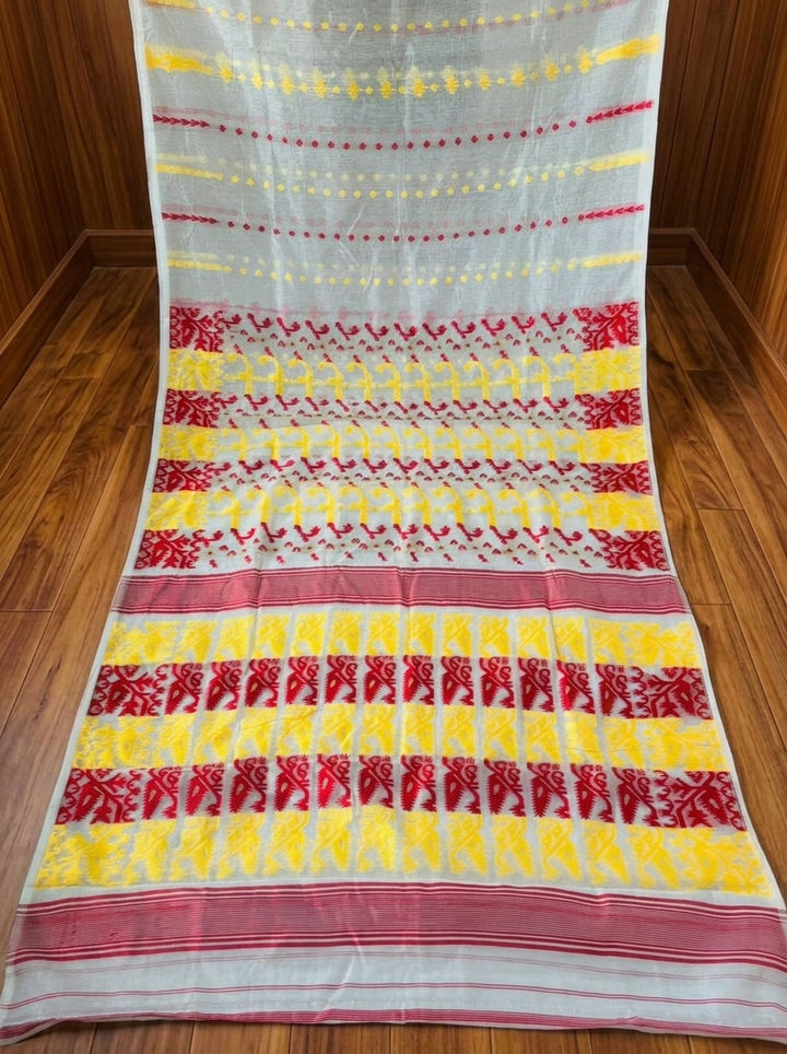 Shatarupa Bengal Jamdani Saree ( white red yellow)