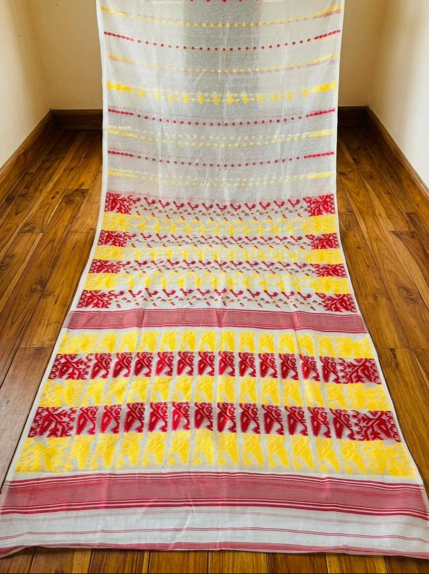 Shatarupa Bengal Jamdani Saree ( white red yellow)