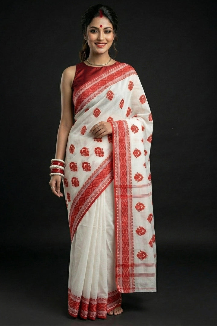 Ashtami Tangail Tant Cotton Saree(Kolka Embroidery)