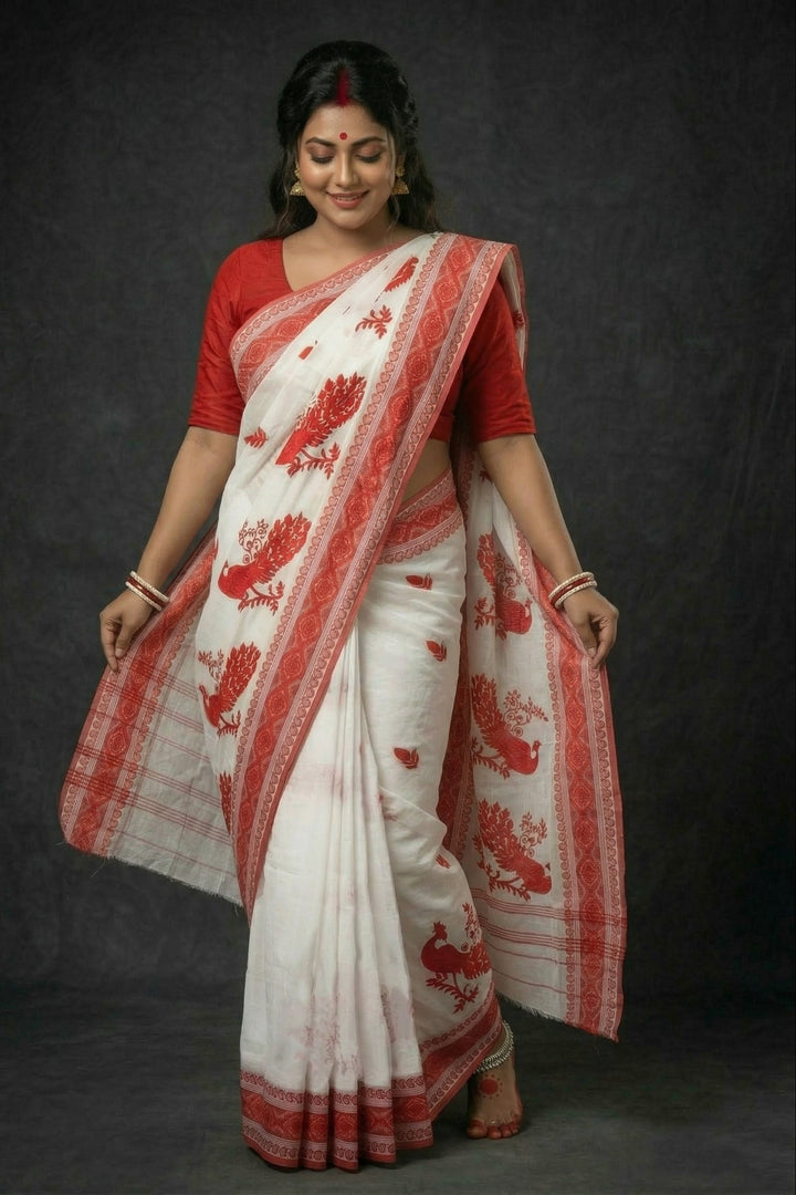 Ashtami Tangail Tant Cotton Saree(Peacock Embroidery)