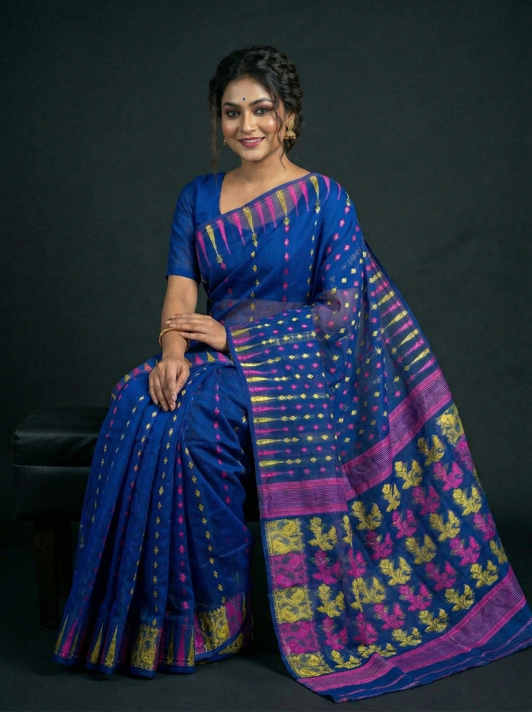 Moner Alo-Bengal Jamdani Saree (Deep Pink Yellow Border)