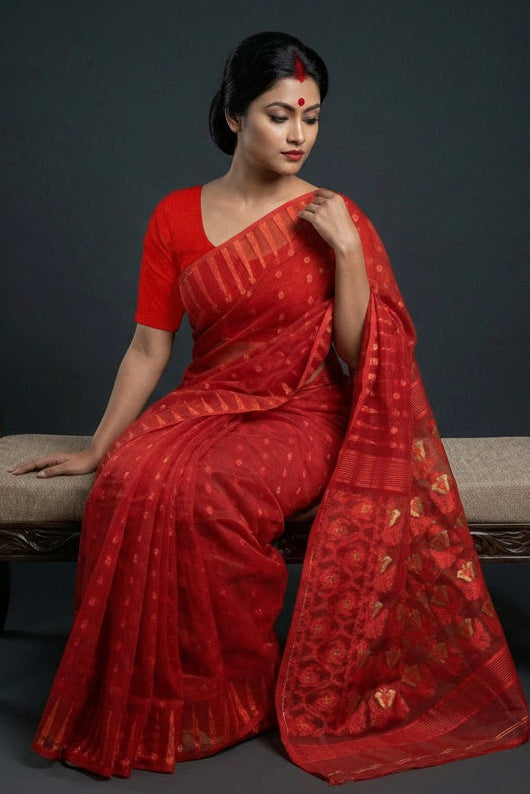 Moner Alo-Bengal Jamdani Saree (Red)